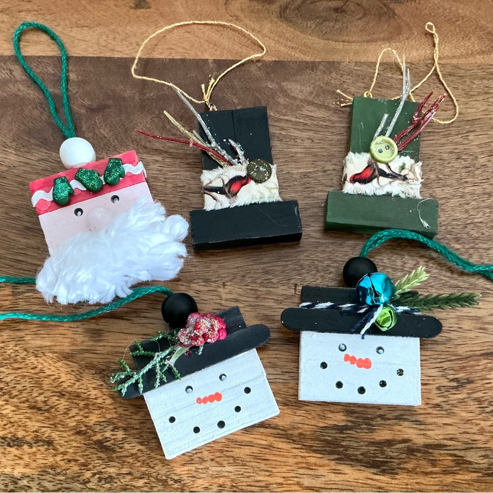 Handmade Wooden Ornaments Set of 5 Snowman Santa Red Cardinal Festive Decor